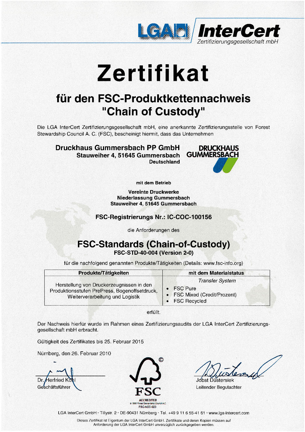 Zertifikat FSC 9001:2010